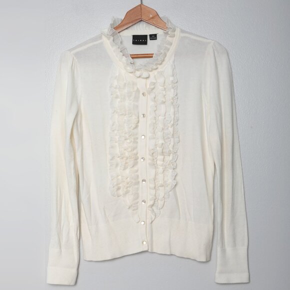 TRIBAL Ruffled Button Down Knit Cardigan Sweater Ivory Cream Soft Stretch - Picture 8 of 8